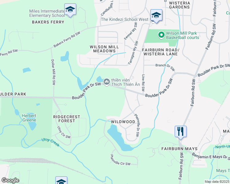 map of restaurants, bars, coffee shops, grocery stores, and more near 4004 Boulder Park Drive Southwest in Atlanta