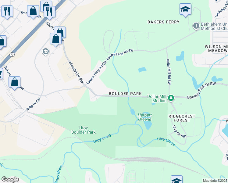 map of restaurants, bars, coffee shops, grocery stores, and more near 4525 Boulder Park Drive Southwest in Atlanta