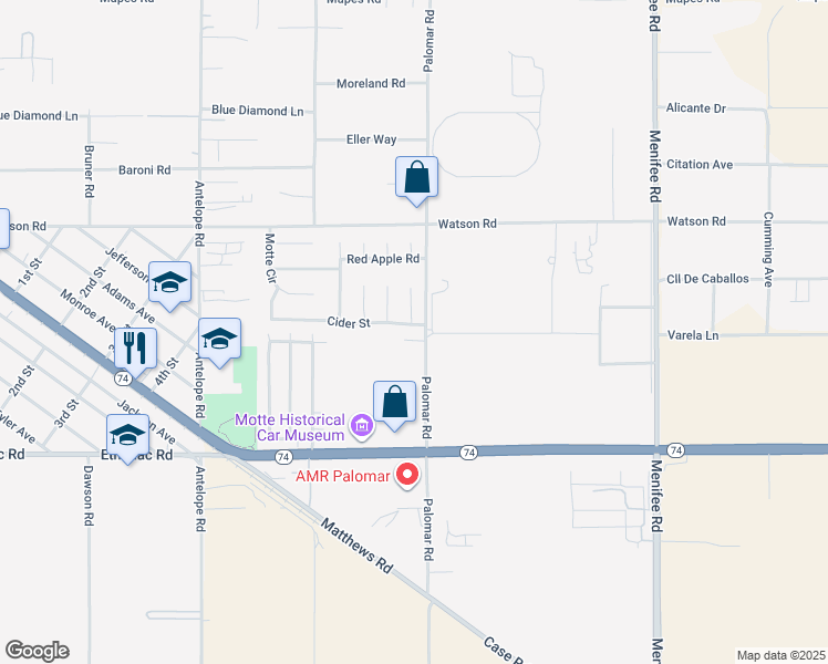 map of restaurants, bars, coffee shops, grocery stores, and more near 28459 Cider Street in Menifee