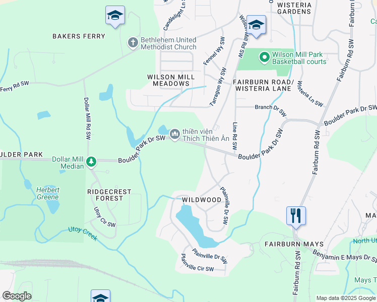 map of restaurants, bars, coffee shops, grocery stores, and more near 4004 Boulder Park Drive Southwest in Atlanta