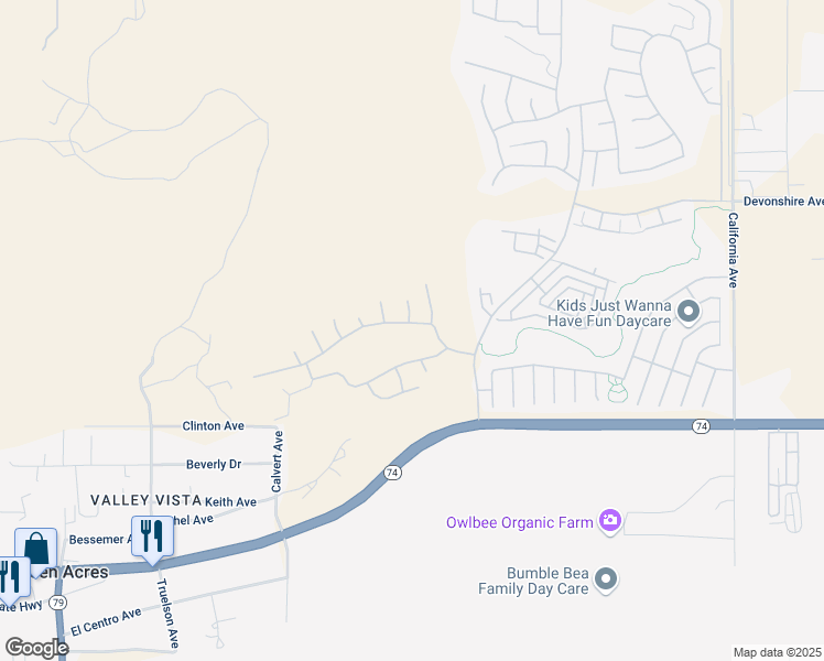 map of restaurants, bars, coffee shops, grocery stores, and more near 8641 Stephenson Lane in Hemet