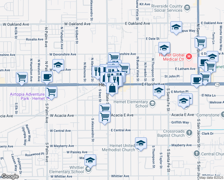 map of restaurants, bars, coffee shops, grocery stores, and more near 135 East Florida Avenue in Hemet