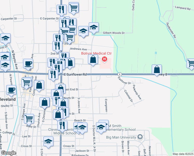 map of restaurants, bars, coffee shops, grocery stores, and more near 848 East Sunflower Road in Cleveland