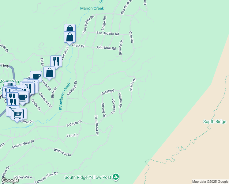 map of restaurants, bars, coffee shops, grocery stores, and more near 55175 Daryll Road in Idyllwild-Pine Cove