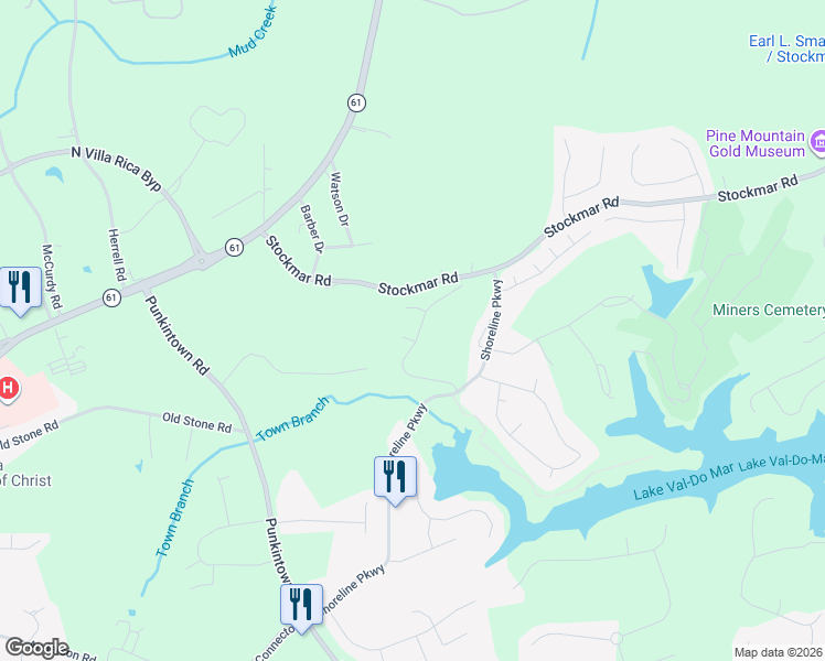 map of restaurants, bars, coffee shops, grocery stores, and more near 2124 Owls Way in Villa Rica