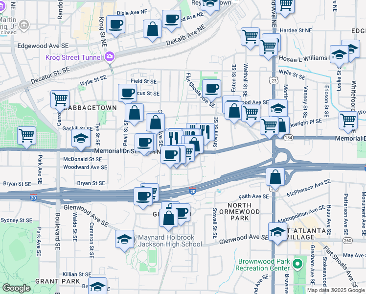 map of restaurants, bars, coffee shops, grocery stores, and more near 920 Memorial Drive Southeast in Atlanta