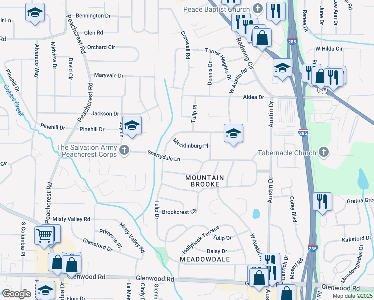 map of restaurants, bars, coffee shops, grocery stores, and more near 3629 Mecklinburg Place in Decatur