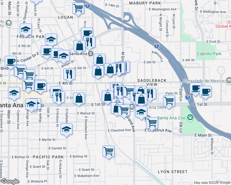 map of restaurants, bars, coffee shops, grocery stores, and more near 1202 East 3rd Street in Santa Ana