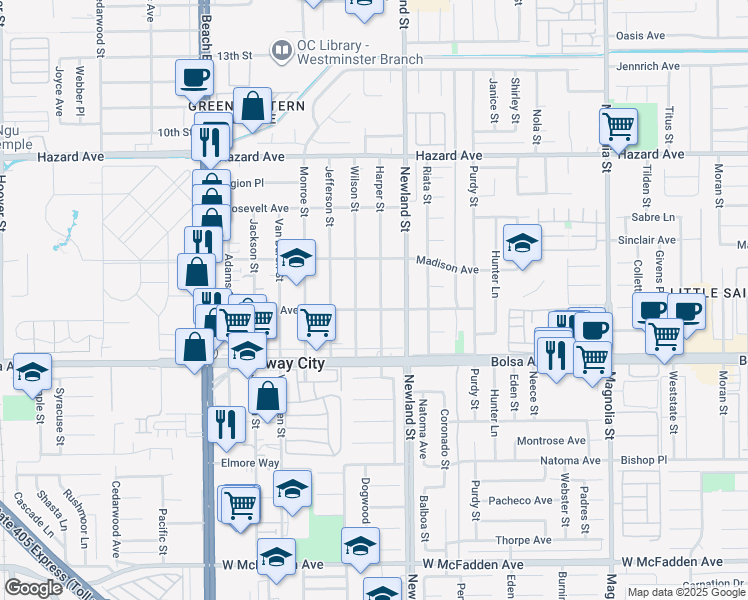 map of restaurants, bars, coffee shops, grocery stores, and more near 14831 Harper St in Midway City