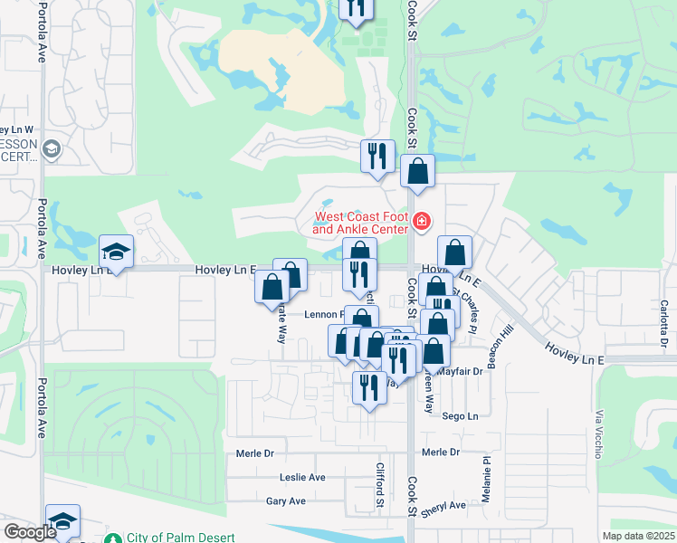 map of restaurants, bars, coffee shops, grocery stores, and more near 73901 Hovley Lane East in Palm Desert