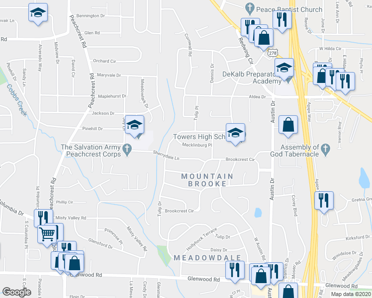 map of restaurants, bars, coffee shops, grocery stores, and more near 3629 Mecklinburg Pl in Decatur
