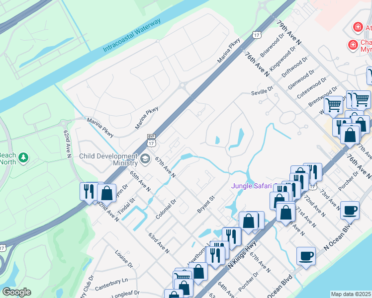 map of restaurants, bars, coffee shops, grocery stores, and more near 6816 Montgomery Lane in Myrtle Beach
