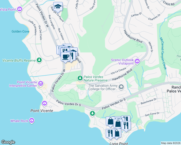 map of restaurants, bars, coffee shops, grocery stores, and more near 30963 Vía La Cresta in Rancho Palos Verdes