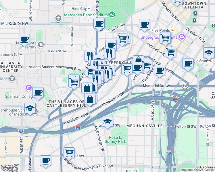 map of restaurants, bars, coffee shops, grocery stores, and more near 300 Peters Street Southwest in Atlanta