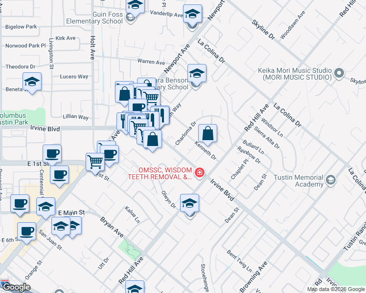 map of restaurants, bars, coffee shops, grocery stores, and more near 1292 Tiffany Place in Tustin