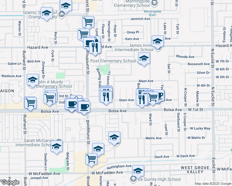 map of restaurants, bars, coffee shops, grocery stores, and more near 14882 Hope Street in Westminster