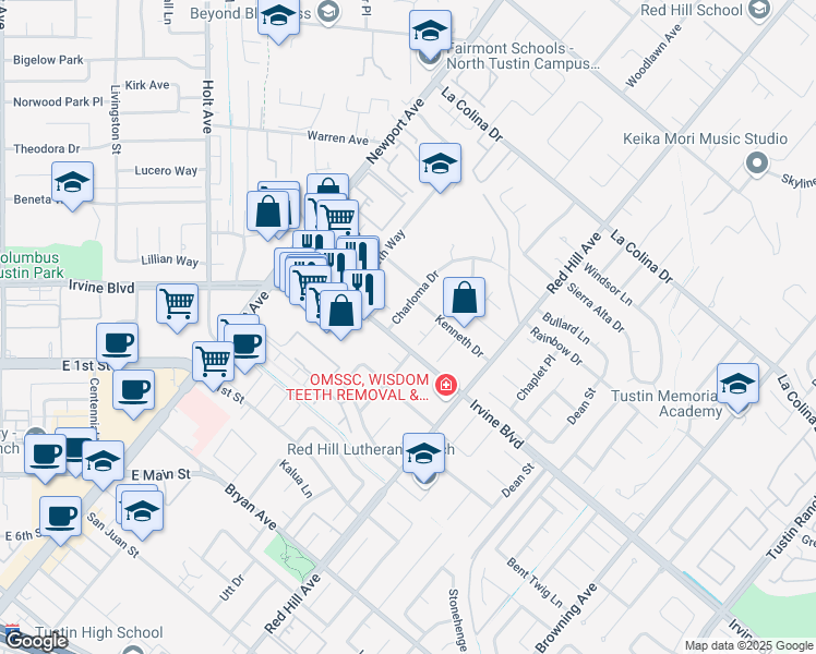 map of restaurants, bars, coffee shops, grocery stores, and more near 1292 Tiffany Place in Tustin