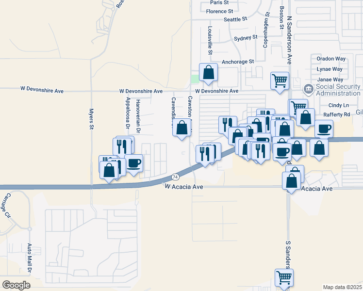 map of restaurants, bars, coffee shops, grocery stores, and more near 165 Cawston Avenue North in Hemet