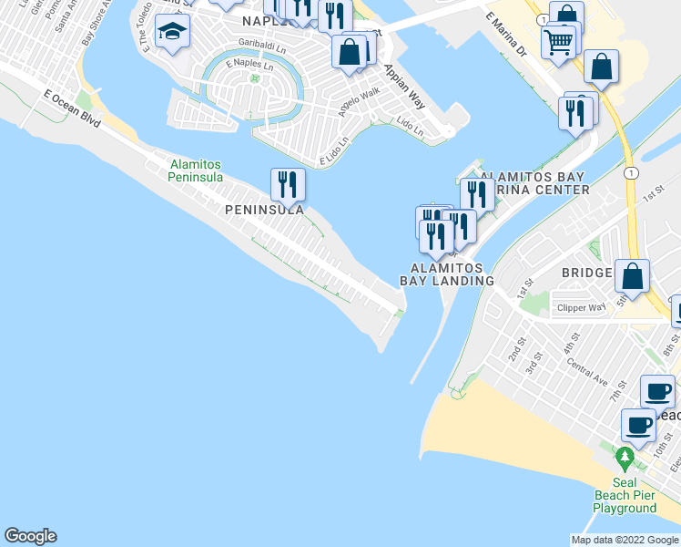 map of restaurants, bars, coffee shops, grocery stores, and more near 6715 East Ocean Boulevard in Long Beach
