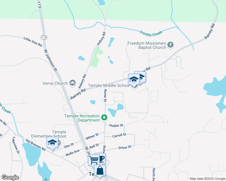 map of restaurants, bars, coffee shops, grocery stores, and more near 351 Spruce Creek Ln in Temple