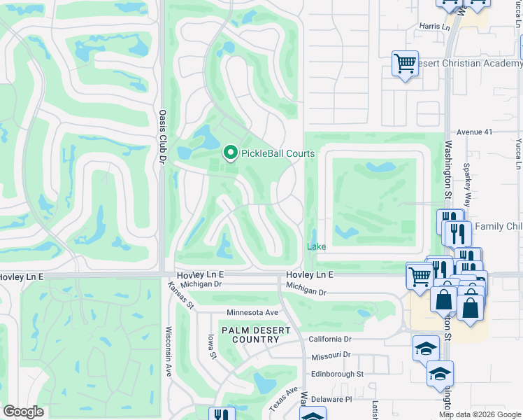 map of restaurants, bars, coffee shops, grocery stores, and more near 41567 Preston Trail in Palm Desert