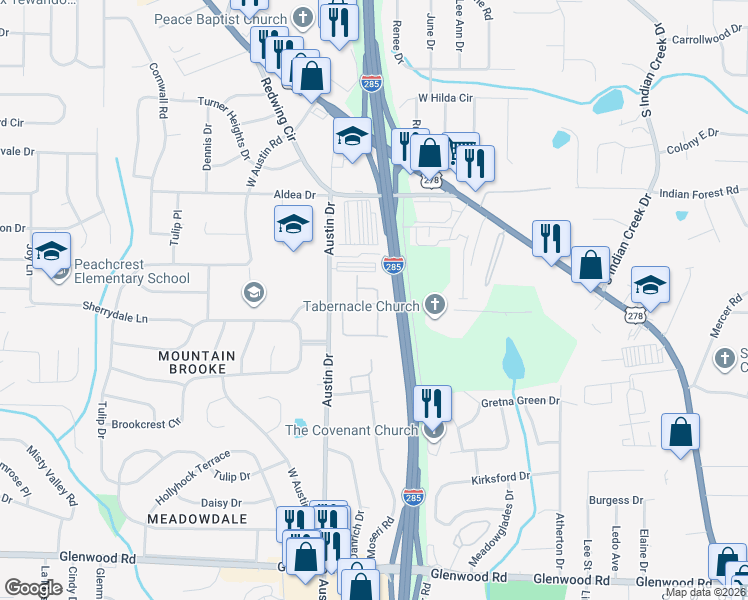 map of restaurants, bars, coffee shops, grocery stores, and more near 1636 Austin Meadows Drive in Decatur
