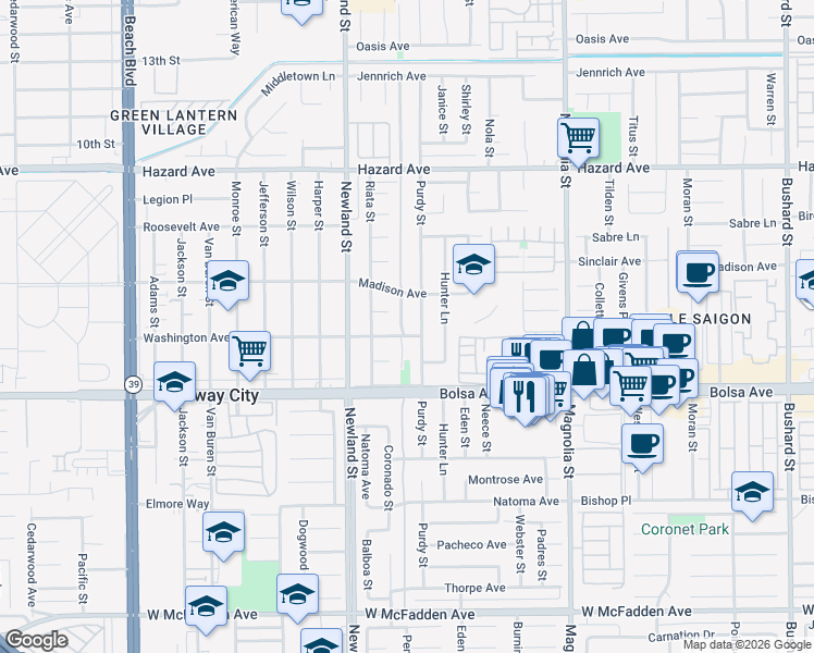 map of restaurants, bars, coffee shops, grocery stores, and more near 14852 Park Lane in Midway City