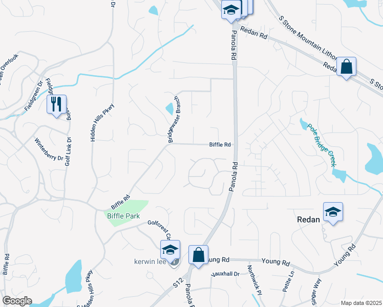 map of restaurants, bars, coffee shops, grocery stores, and more near 1536 Biffle Place in Stone Mountain