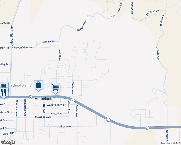 map of restaurants, bars, coffee shops, grocery stores, and more near 32090 Ranch Road in Homeland