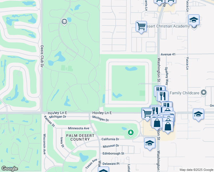 map of restaurants, bars, coffee shops, grocery stores, and more near 41539 Woodhaven Drive West in Palm Desert
