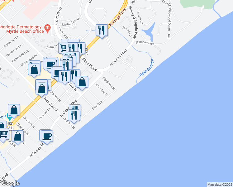 map of restaurants, bars, coffee shops, grocery stores, and more near 8106 Beach Drive in Myrtle Beach