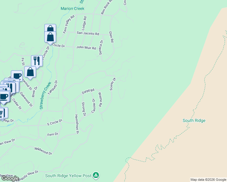 map of restaurants, bars, coffee shops, grocery stores, and more near 25835 Sunset View Drive in Idyllwild-Pine Cove
