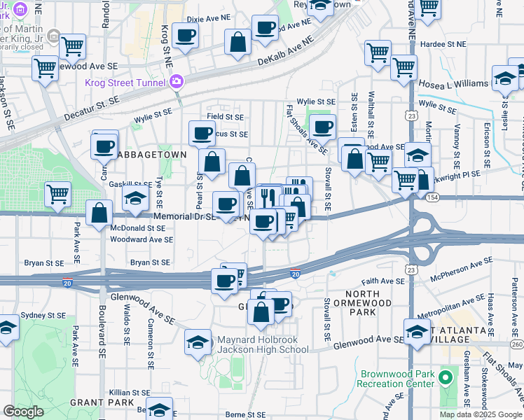 map of restaurants, bars, coffee shops, grocery stores, and more near 890 Memorial Drive Southeast in Atlanta