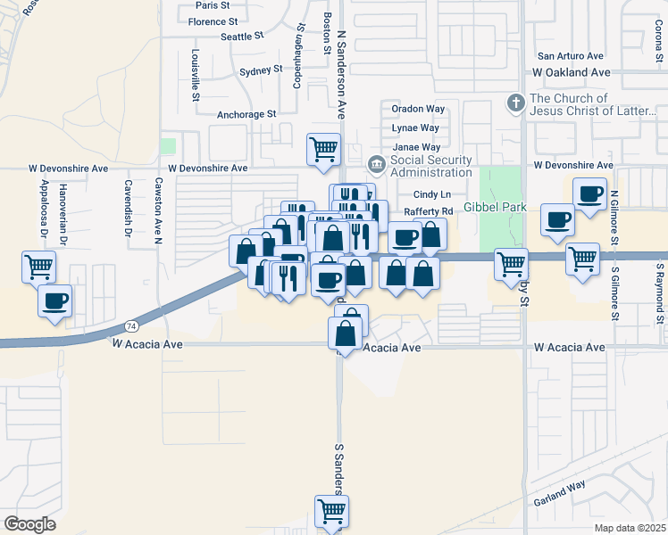 map of restaurants, bars, coffee shops, grocery stores, and more near 3301 West Florida Avenue in Hemet