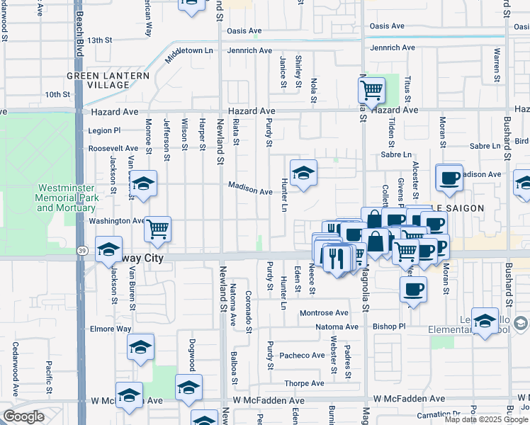 map of restaurants, bars, coffee shops, grocery stores, and more near 14841 Purdy Street in Midway City