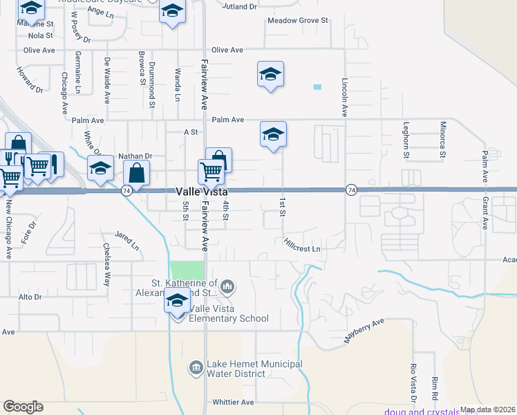 map of restaurants, bars, coffee shops, grocery stores, and more near 44130 D Street in Hemet