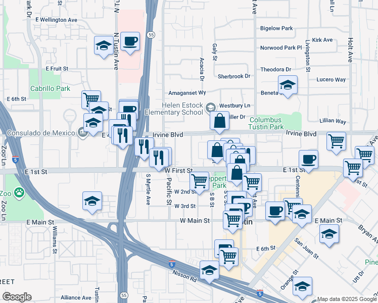 map of restaurants, bars, coffee shops, grocery stores, and more near 158 North A Street in Tustin