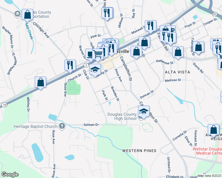 map of restaurants, bars, coffee shops, grocery stores, and more near 8589 Bowden Street in Douglasville