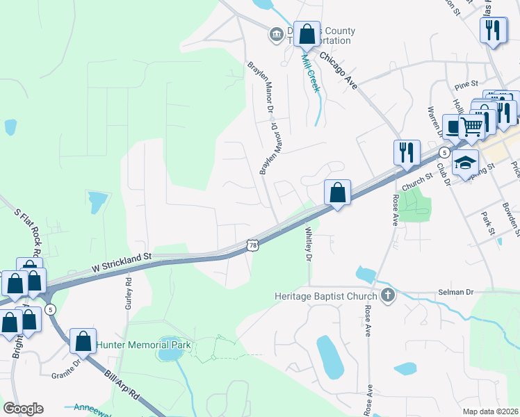 map of restaurants, bars, coffee shops, grocery stores, and more near 8456 Brook Lake Lane in Douglasville