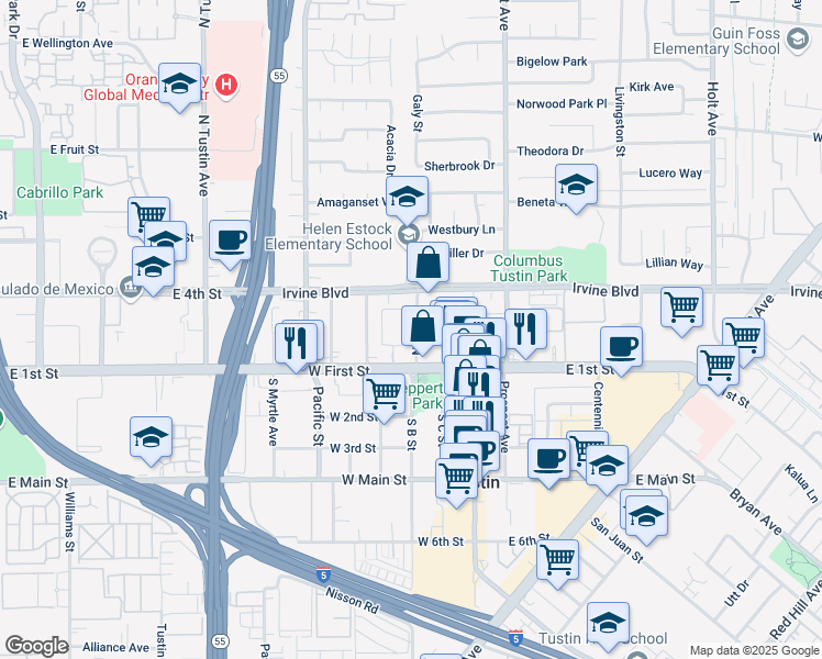 map of restaurants, bars, coffee shops, grocery stores, and more near 150 North B Street in Tustin