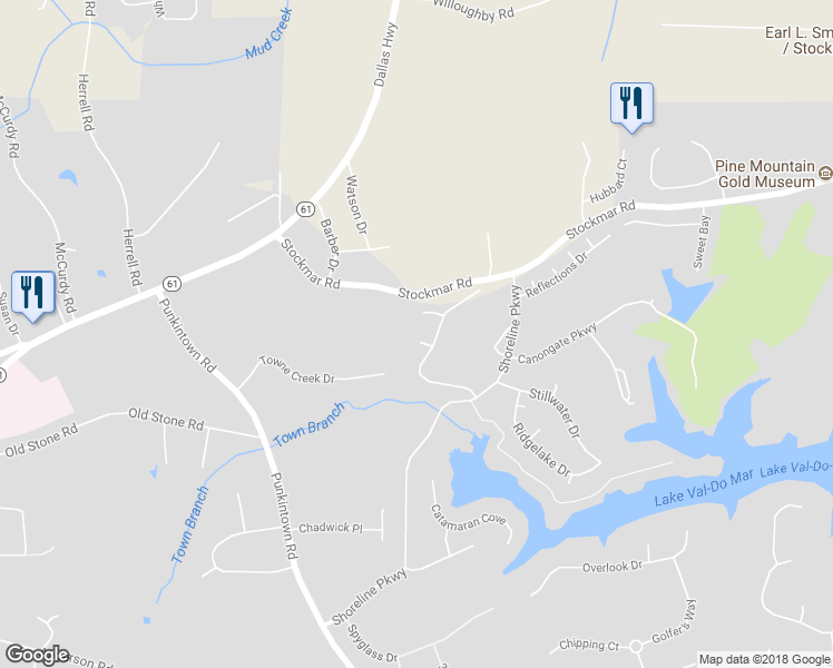 map of restaurants, bars, coffee shops, grocery stores, and more near 2124 Owls Way in Villa Rica