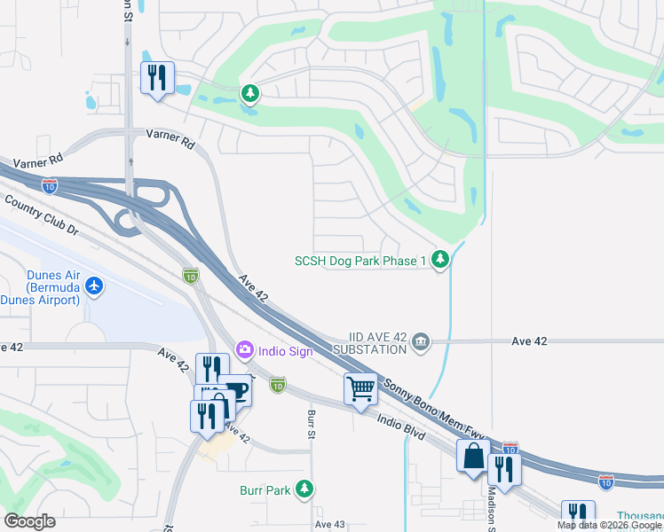 map of restaurants, bars, coffee shops, grocery stores, and more near 80566 Avenida Los Padres in Indio
