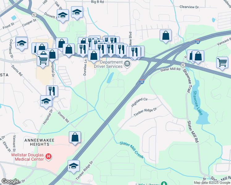 map of restaurants, bars, coffee shops, grocery stores, and more near 8470 Earl D Lee Boulevard in Douglasville