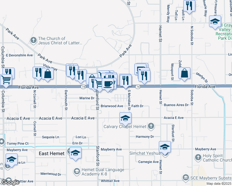 map of restaurants, bars, coffee shops, grocery stores, and more near 41889 California 74 in Hemet