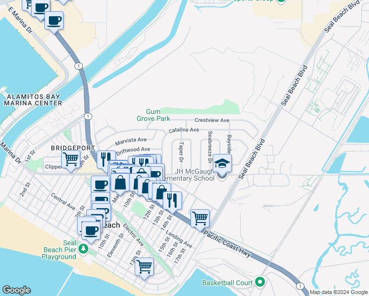 map of restaurants, bars, coffee shops, grocery stores, and more near 700 Taper Drive in Seal Beach
