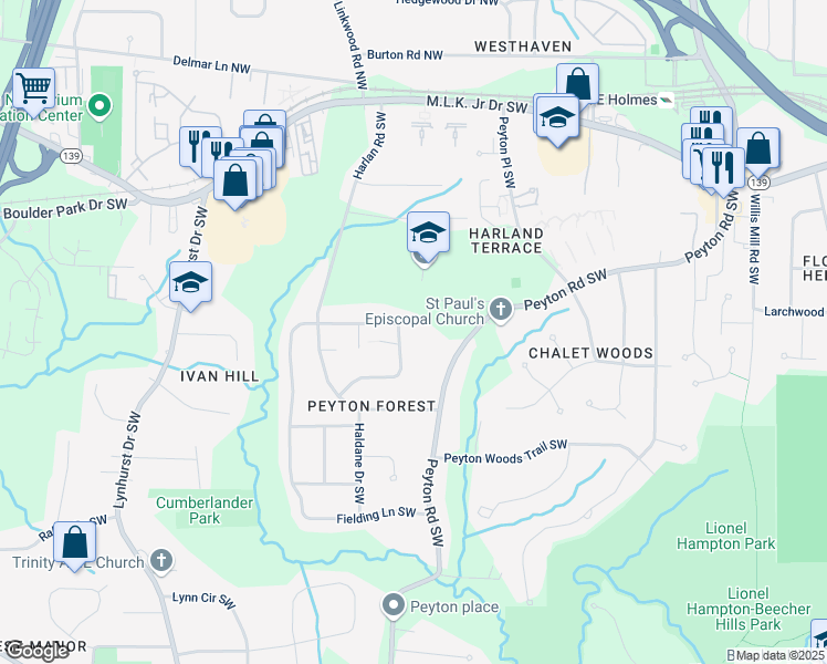 map of restaurants, bars, coffee shops, grocery stores, and more near 186 Fielding Lane Southwest in Atlanta