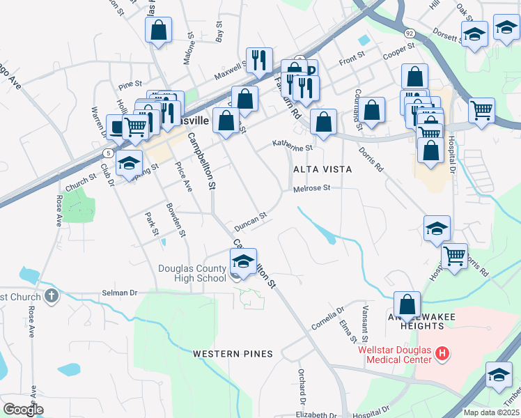 map of restaurants, bars, coffee shops, grocery stores, and more near 8588 Adair Street in Douglasville