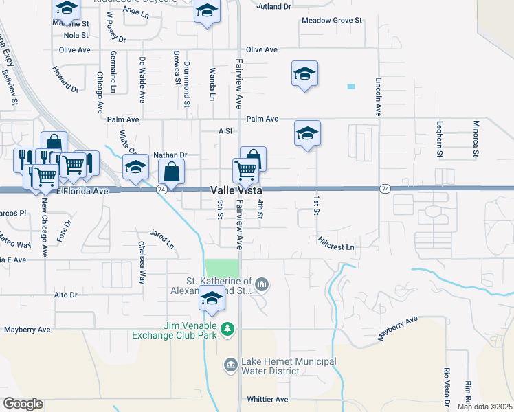 map of restaurants, bars, coffee shops, grocery stores, and more near 25807 4th Street in Hemet