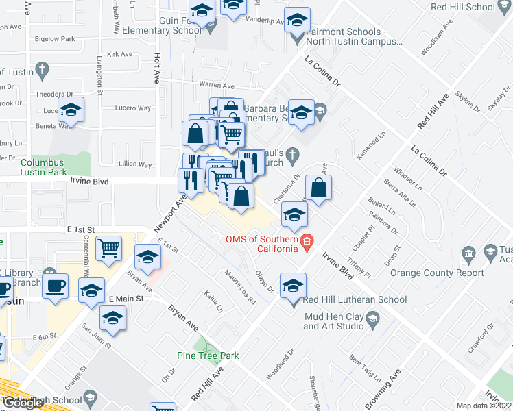 map of restaurants, bars, coffee shops, grocery stores, and more near 1222 Irvine Boulevard in Tustin