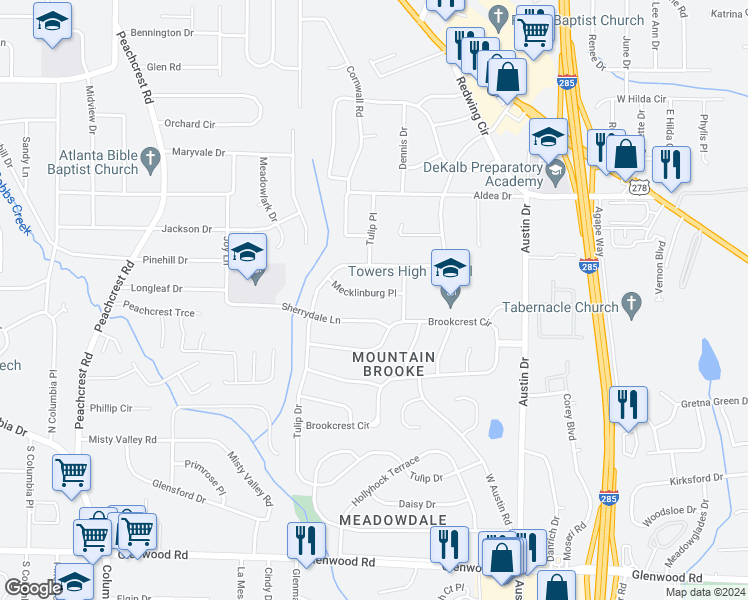 map of restaurants, bars, coffee shops, grocery stores, and more near 3653 Mecklinburg Place in Decatur